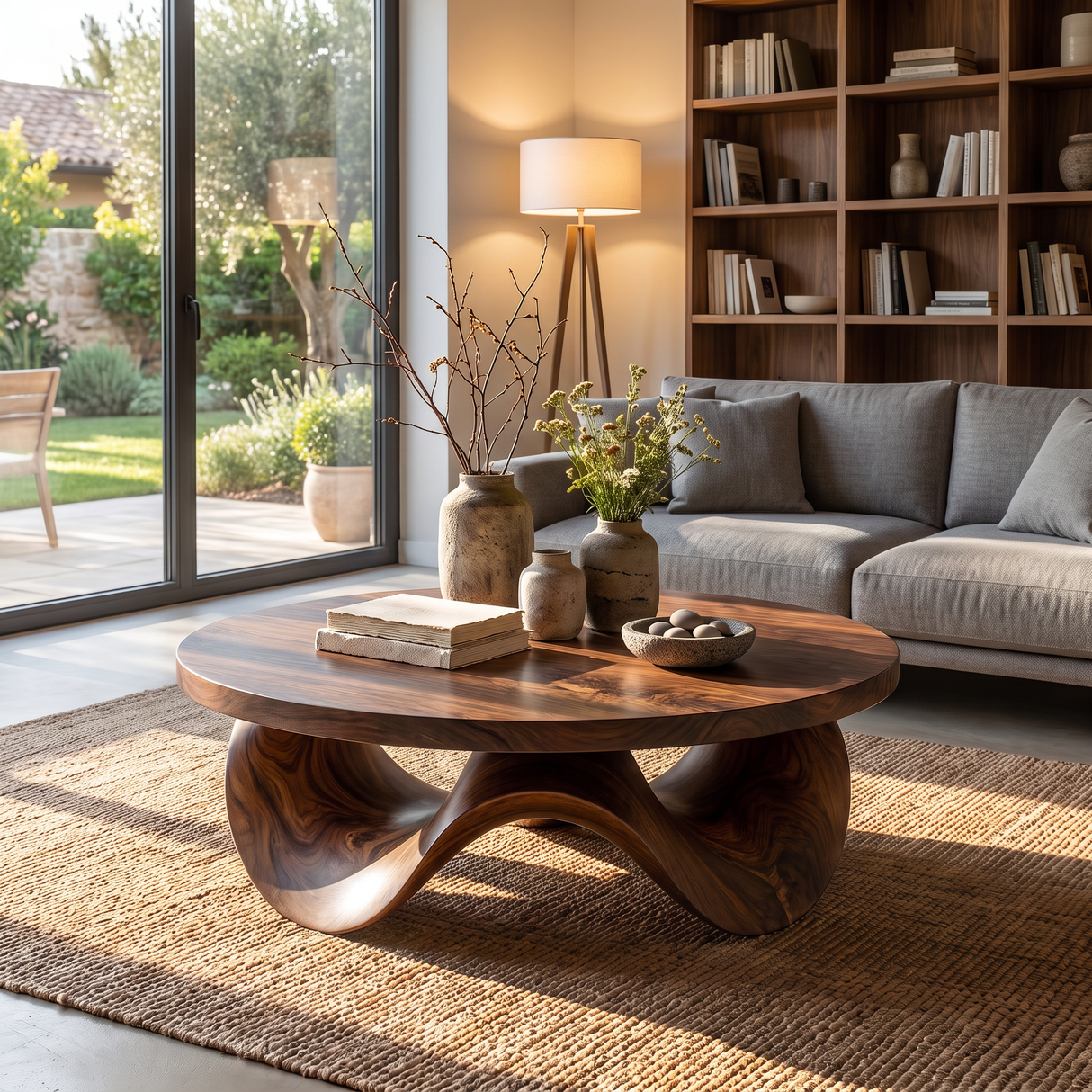 Coffee Table Solid Wood with Sculptural Petal Wave Base