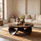 Coffee Table Solid Wood with Sculptural Petal Wave Base