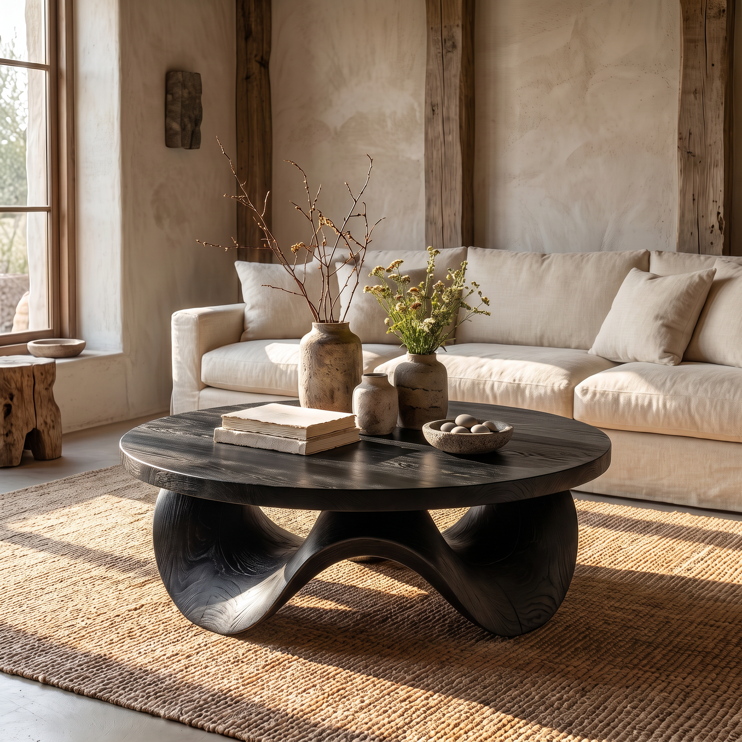 Coffee Table Solid Wood with Sculptural Petal Wave Base