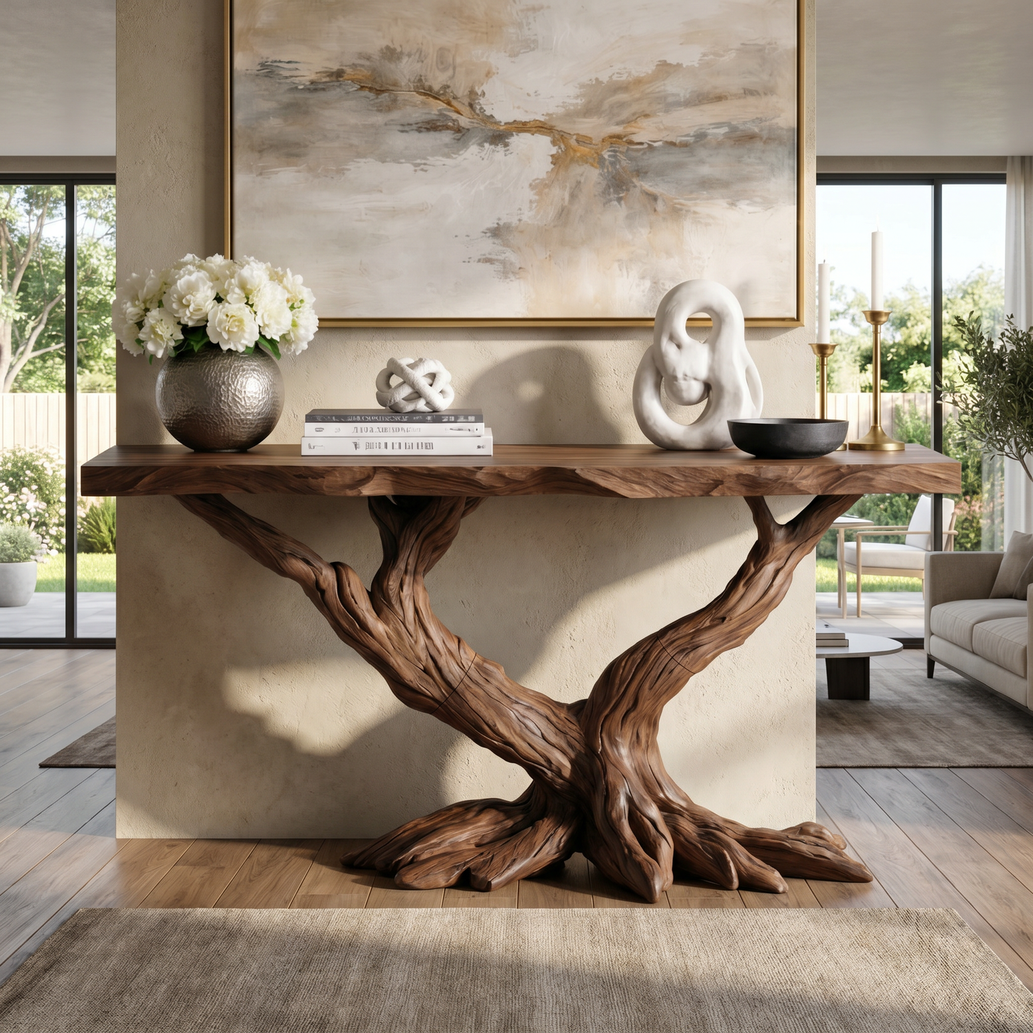 Solid Wood Console Table with Twisted Root Base for Entryway Decor