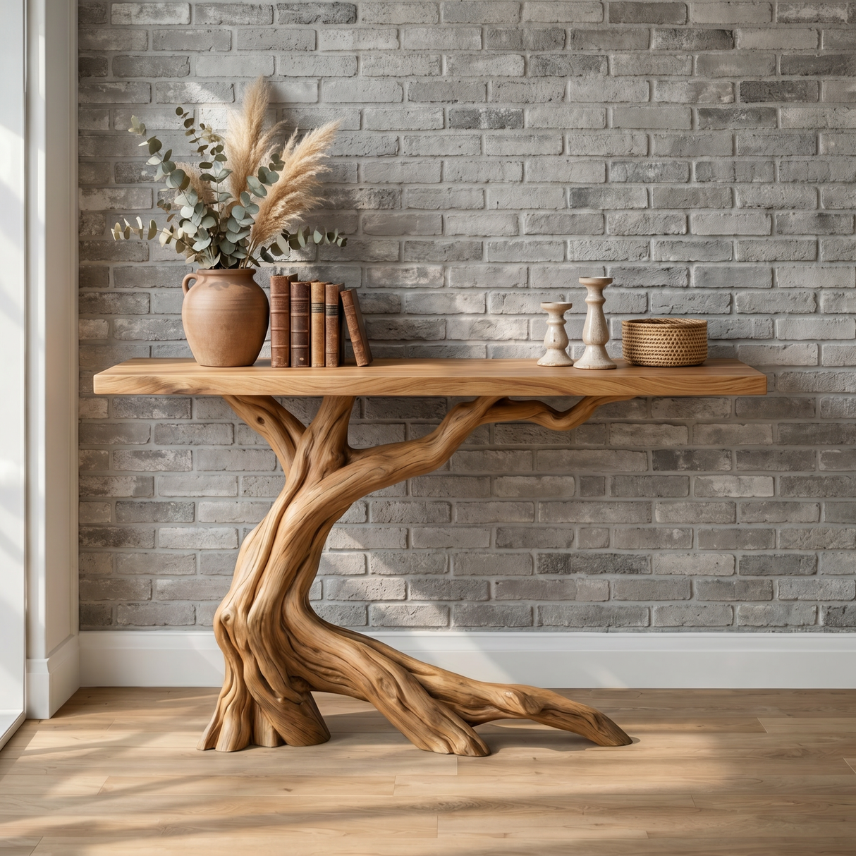 Solid Wood Console Table with Twisted Branch Base for Entryway Decor