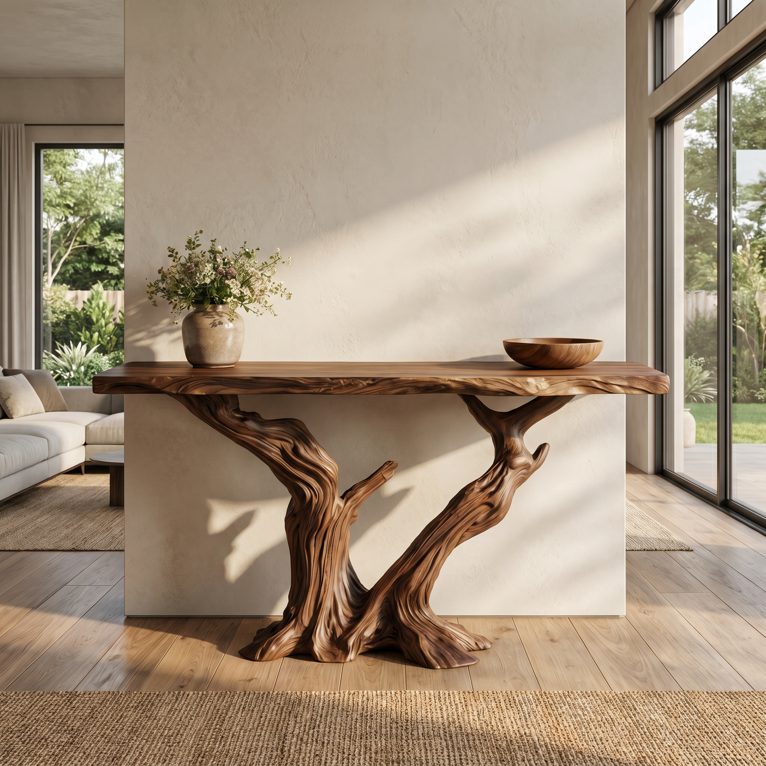 Solid Wood Console Table with Twin Trunk Base for Entryway Decor