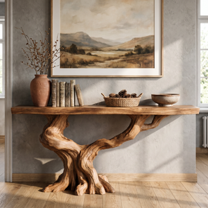 Solid Wood Console Table with Extended Branch Base for Entryway Decor