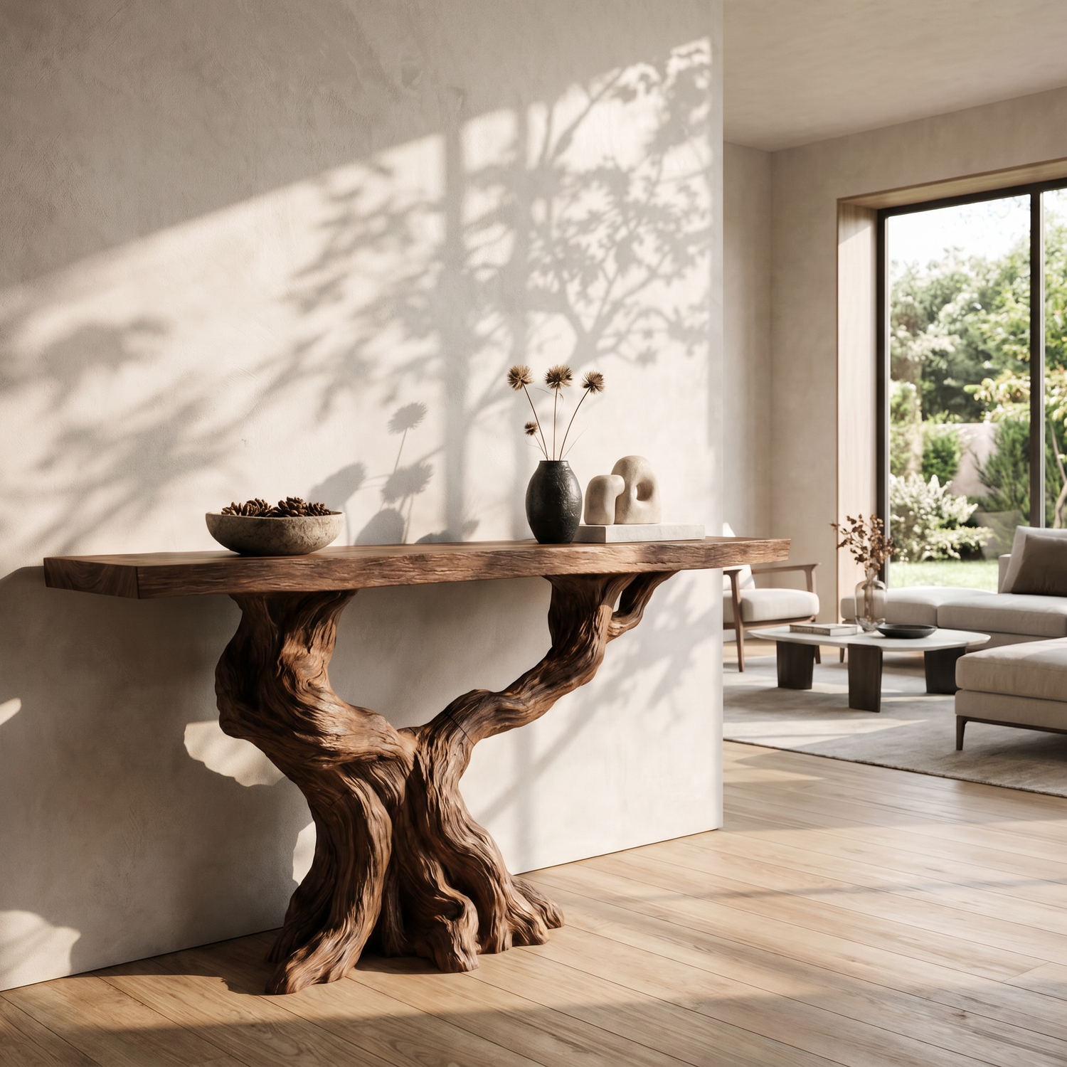 Solid Wood Console Table with Extended Branch Base for Entryway Decor