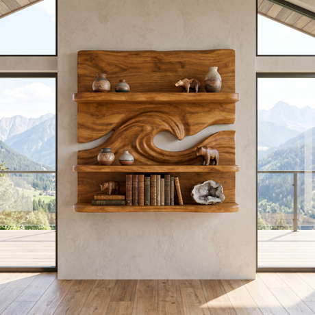 Solid Wood Wall Shelf with Ocean Wave Design for Display Decor