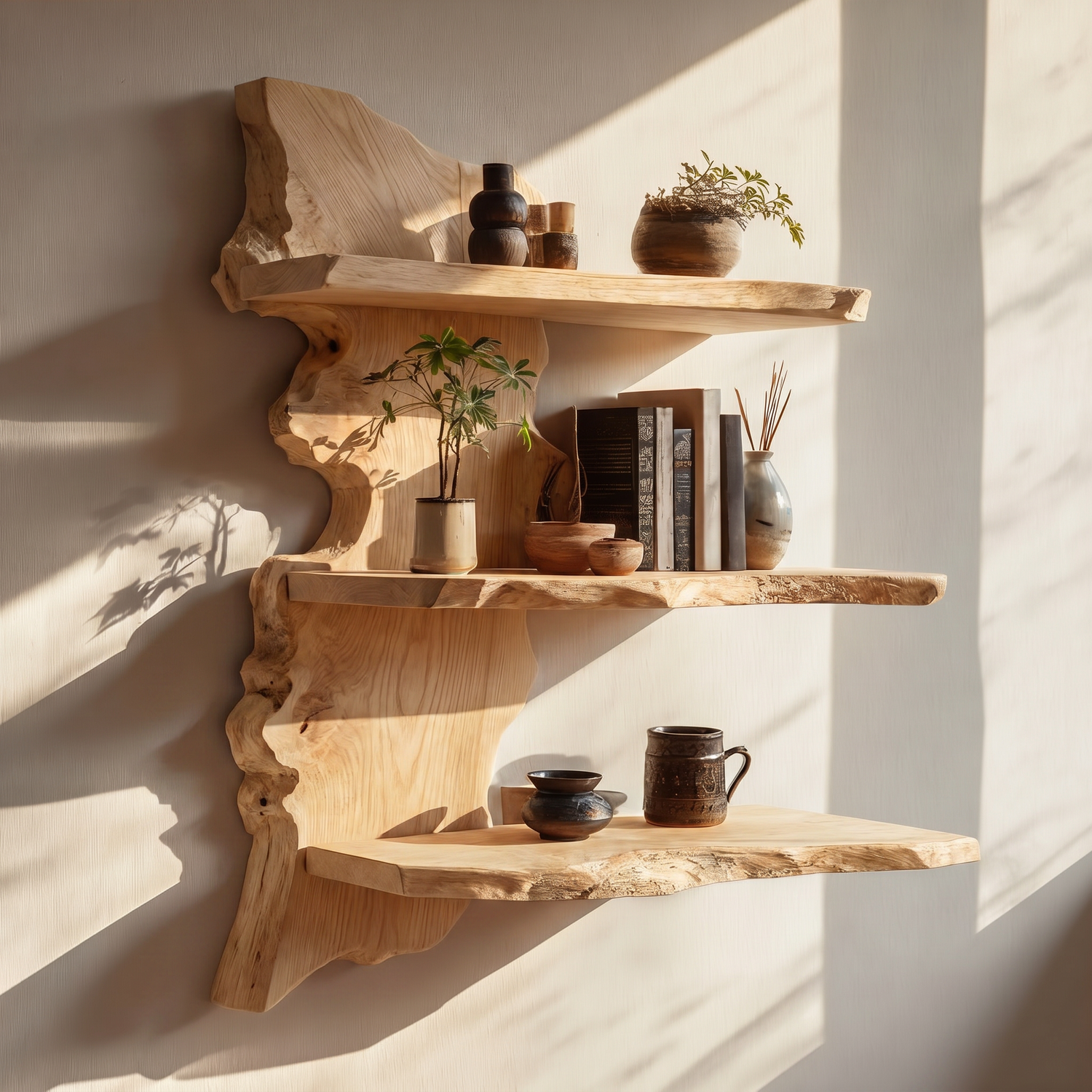 Solid Wood Floating Wall Shelf with Live Edge Design for Display Decor