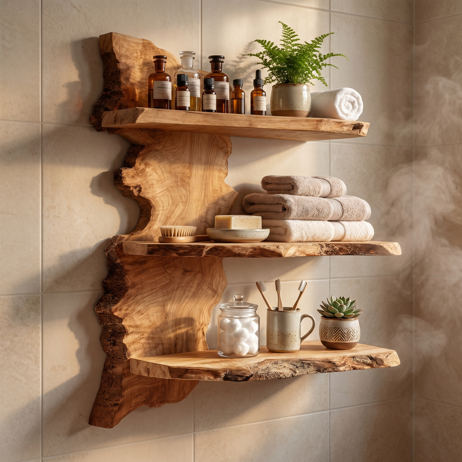Solid Wood Floating Wall Shelf with Live Edge Design for Display Decor