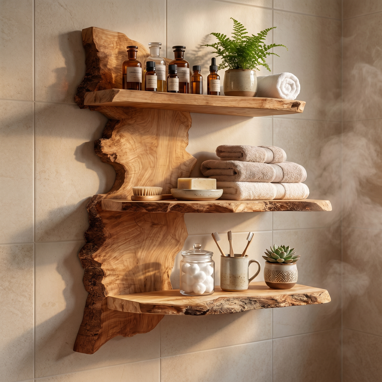 Solid Wood Floating Wall Shelf with Live Edge Design for Display Decor