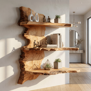 Solid Wood Floating Wall Shelf with Live Edge Design for Display Decor