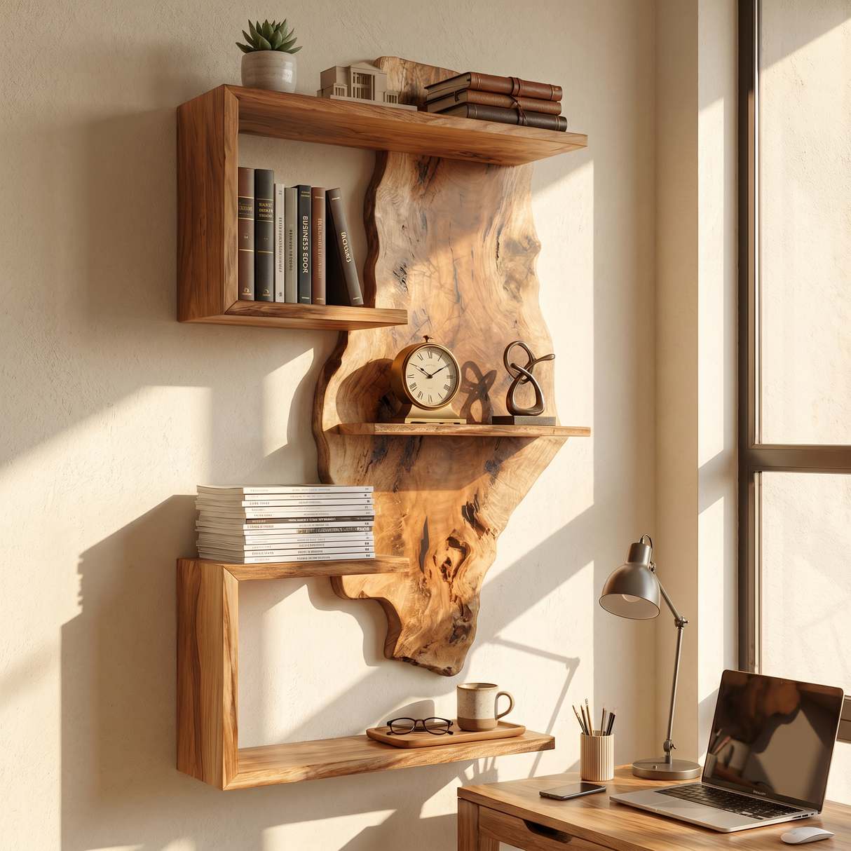 Solid Wood Wall Shelf with Live Edge Frame for Living Room Display