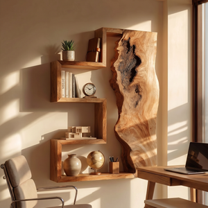 Solid Wood Floating Wall Shelf with Geometric Live Edge Design for Display Decor