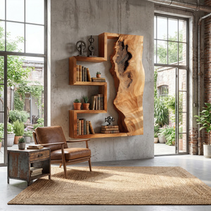 Solid Wood Floating Wall Shelf with Geometric Live Edge Design for Display Decor