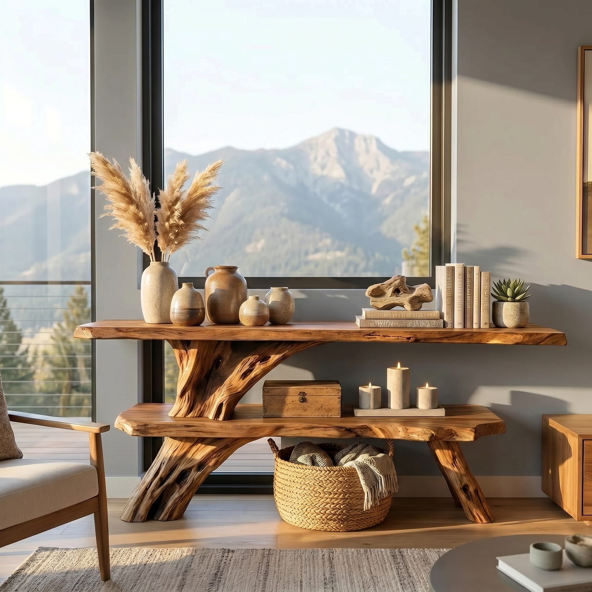 Organic Wooden Console Table Handmade Rustic Display Shelf