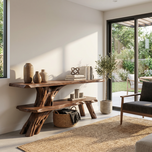 Organic Wooden Console Table Handmade Rustic Display Shelf