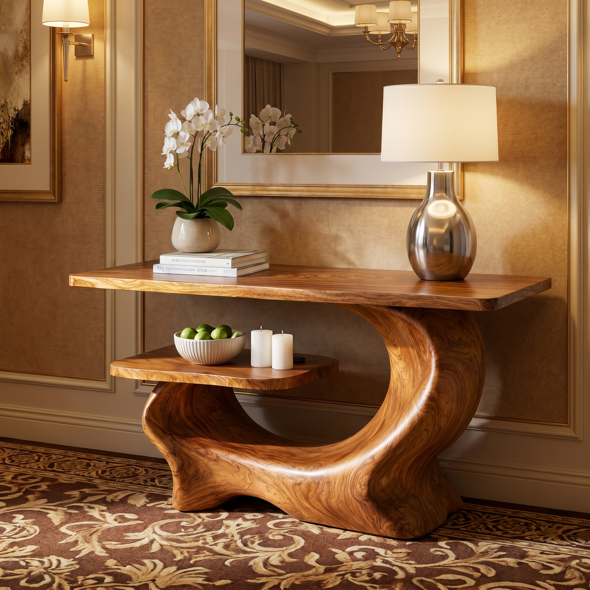 Console Table Solid Wood Sculptural Shelf for Entryway Decor