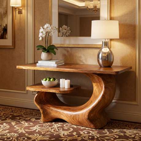 Console Table Solid Wood Sculptural Shelf for Entryway Decor