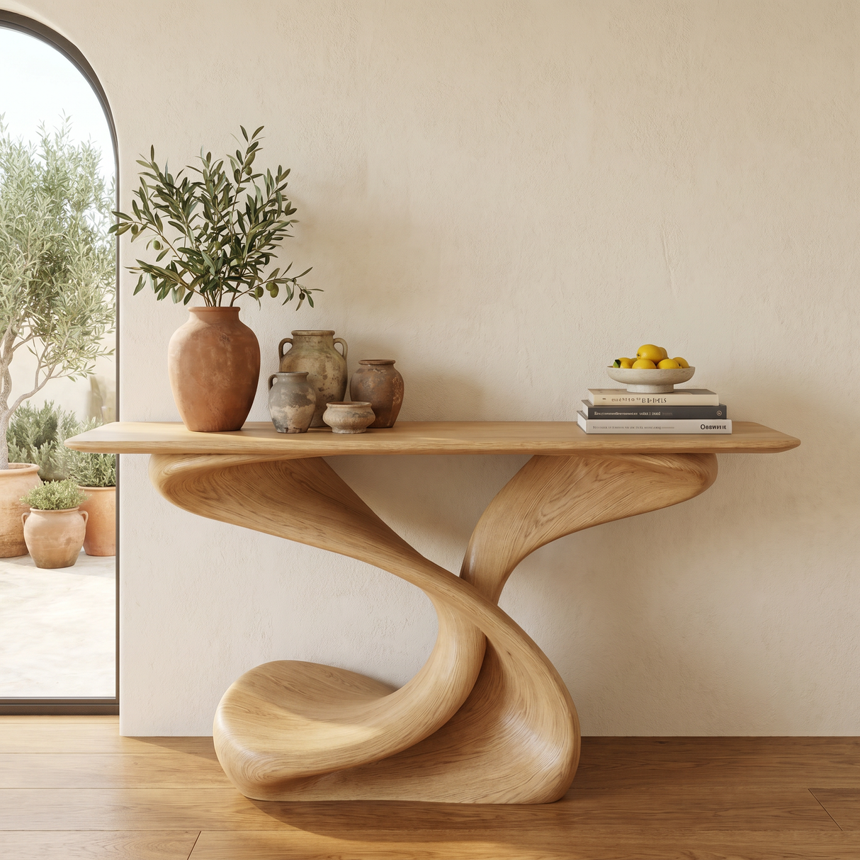 Console Table Solid Wood with Helical Sculptural Base for Entryway Decor