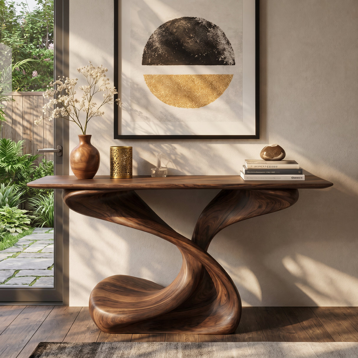 Console Table Solid Wood with Helical Sculptural Base for Entryway Decor