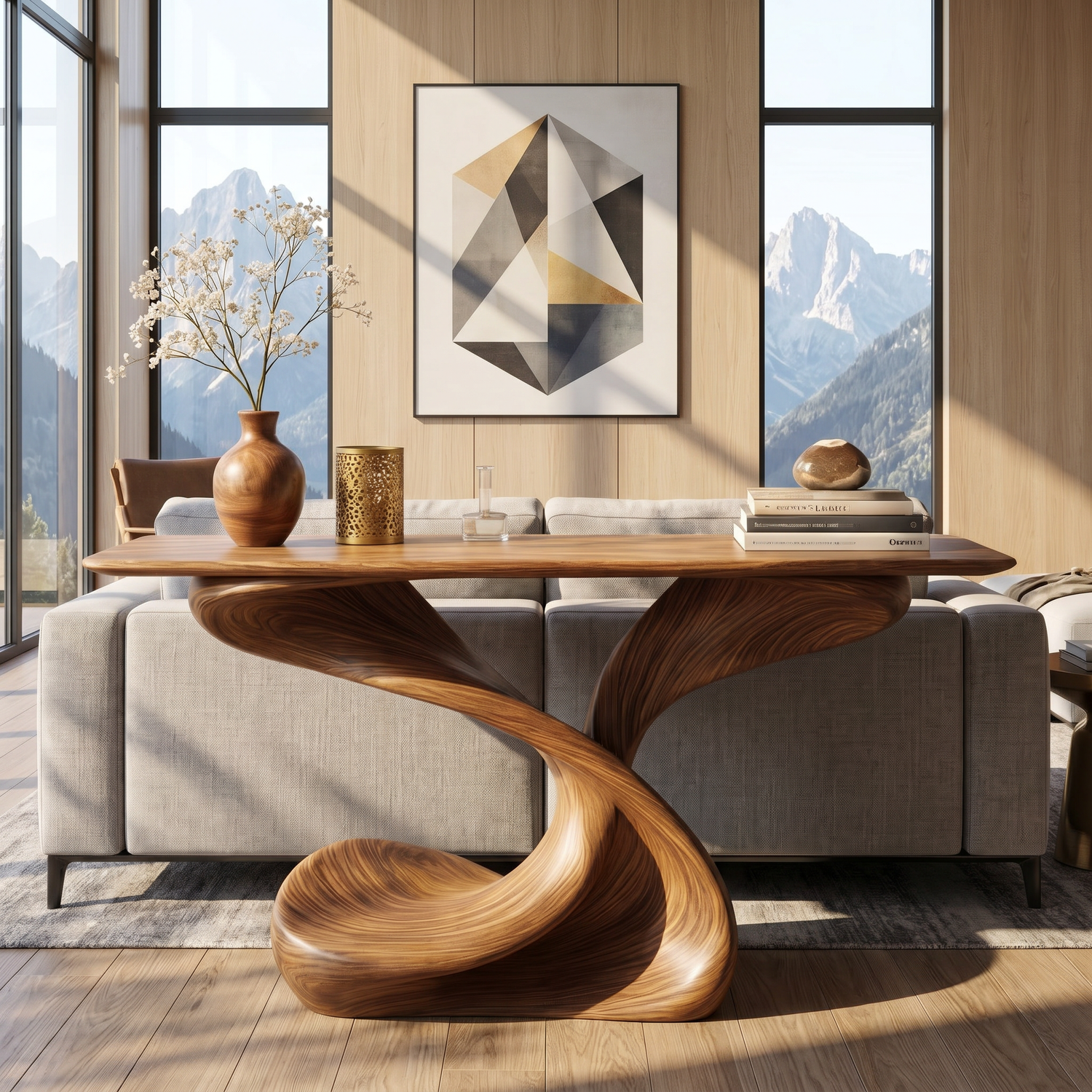 Console Table Solid Wood with Helical Sculptural Base for Entryway Decor