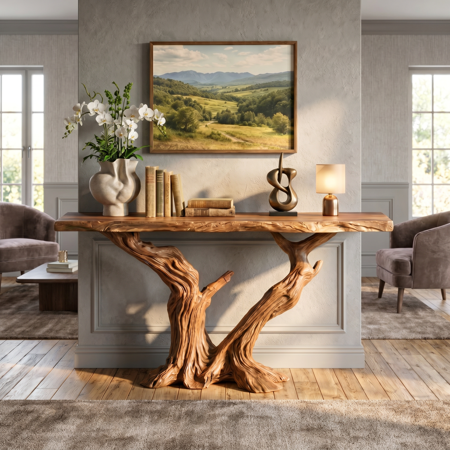 Solid Wood Console Table with Twin Trunk Base for Entryway Decor