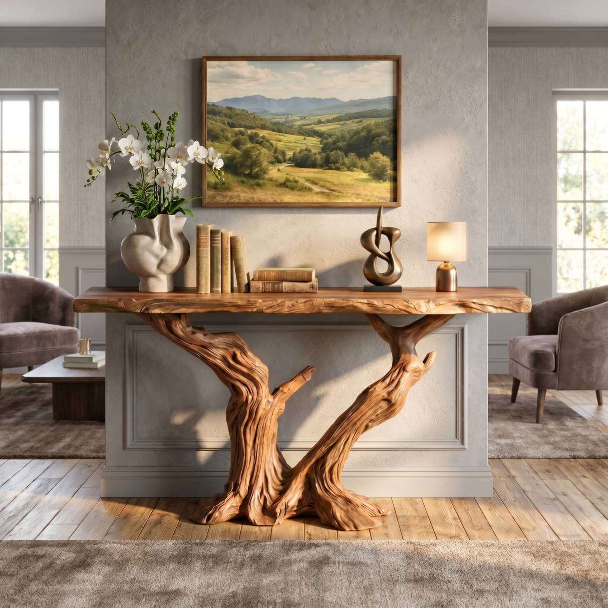 Solid Wood Console Table with Twin Trunk Base for Entryway Decor