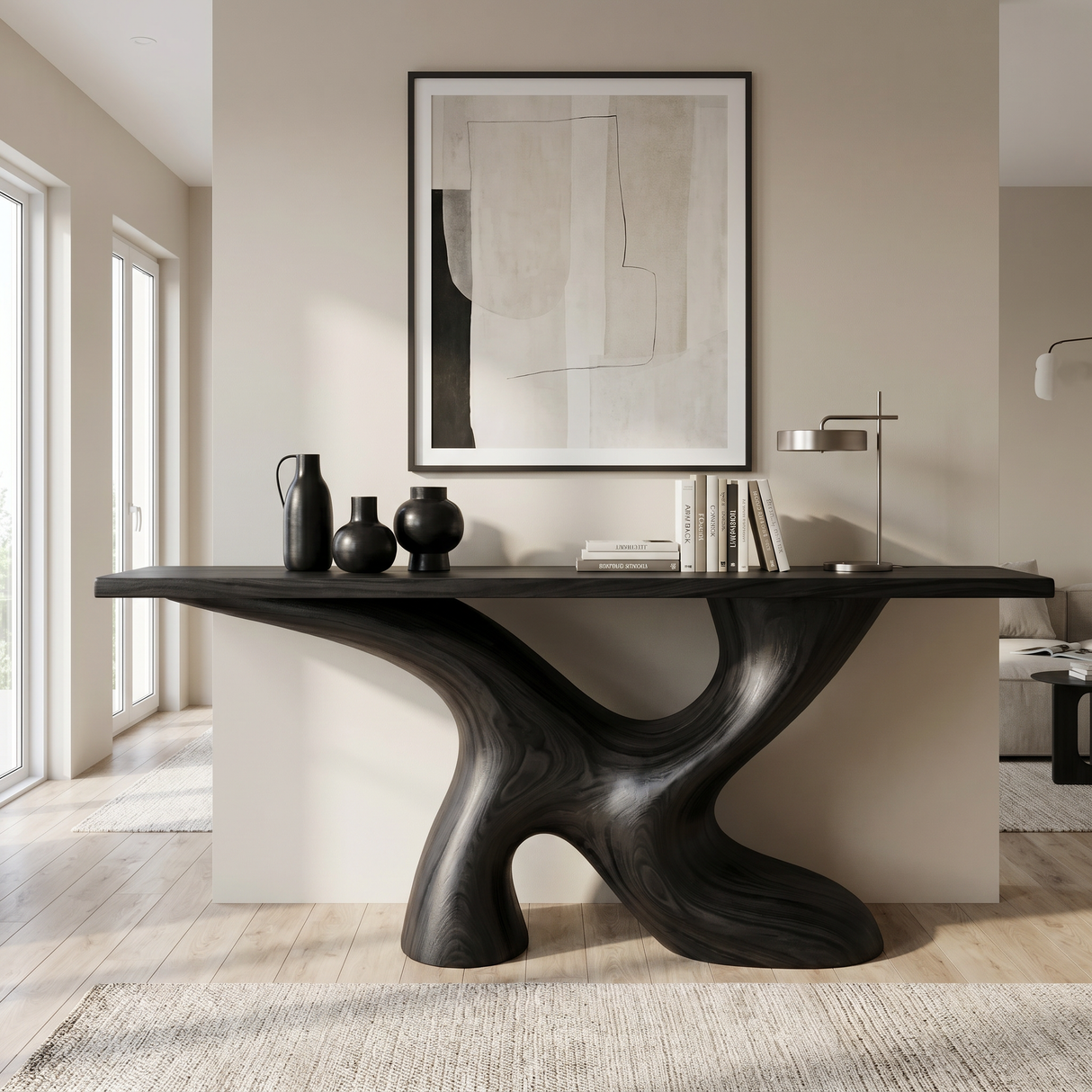 Console Table Solid Wood with Organic X Base for Entryway Decor