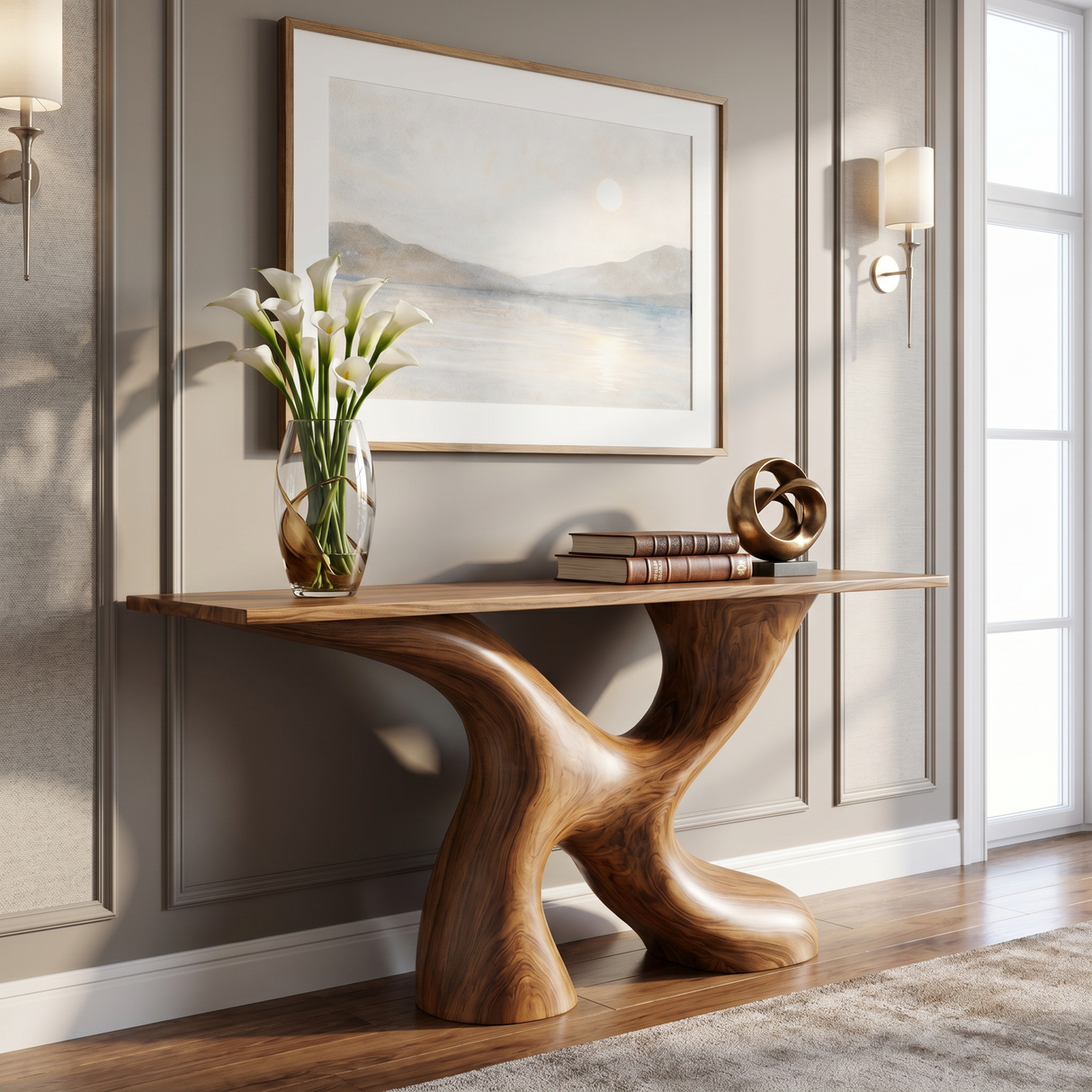 Console Table Solid Wood with Organic X Base for Entryway Decor