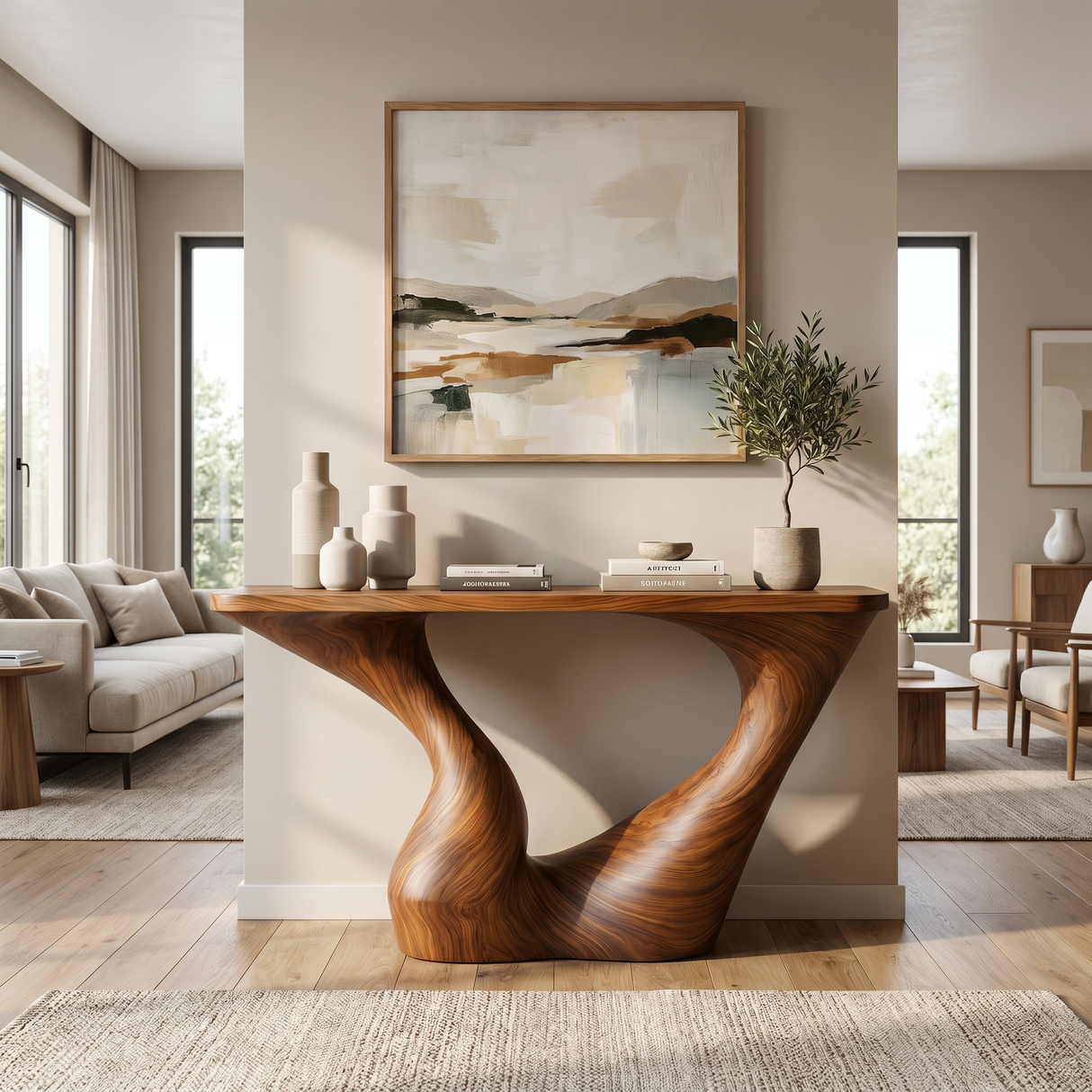 Sculptural Solid Wood Console Table with Open Arch Base