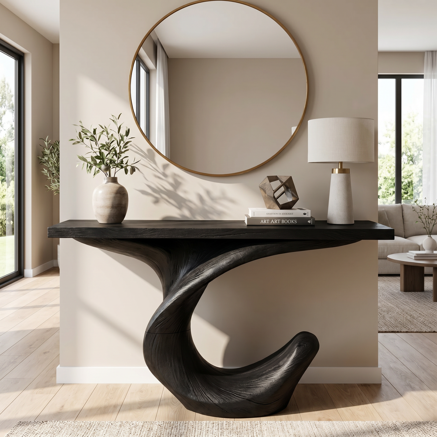 Console Table Solid Wood with Curved Crescent Base for Entryway Decor