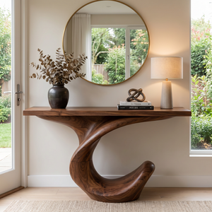 Console Table Solid Wood with Curved Crescent Base for Entryway Decor