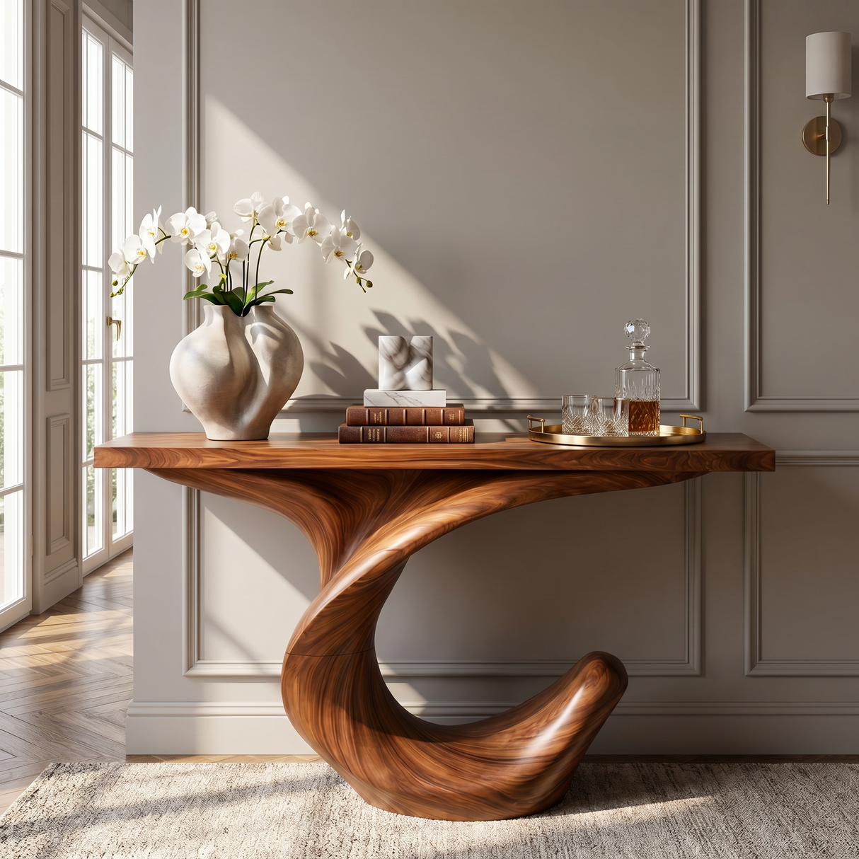 Console Table Solid Wood with Curved Crescent Base for Entryway Decor