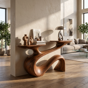 Console Table Solid Wood with Flowing Curved Base for Entryway Decor