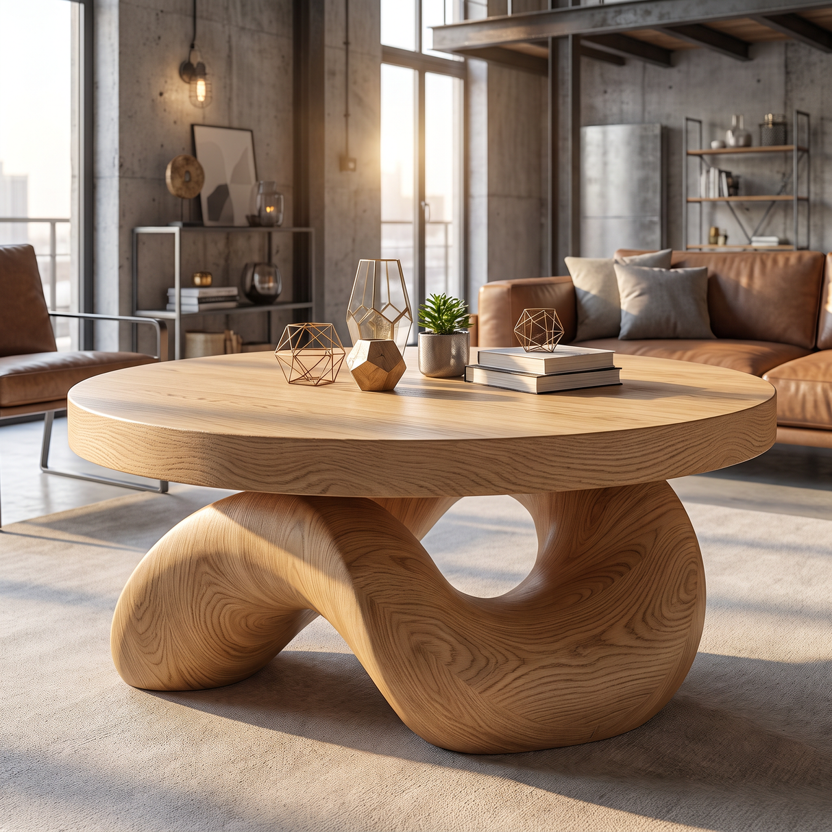 Coffee Table Solid Wood with Sculptural Double Curve Base