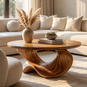 Coffee Table Solid Wood with Sculptural Crescent Base