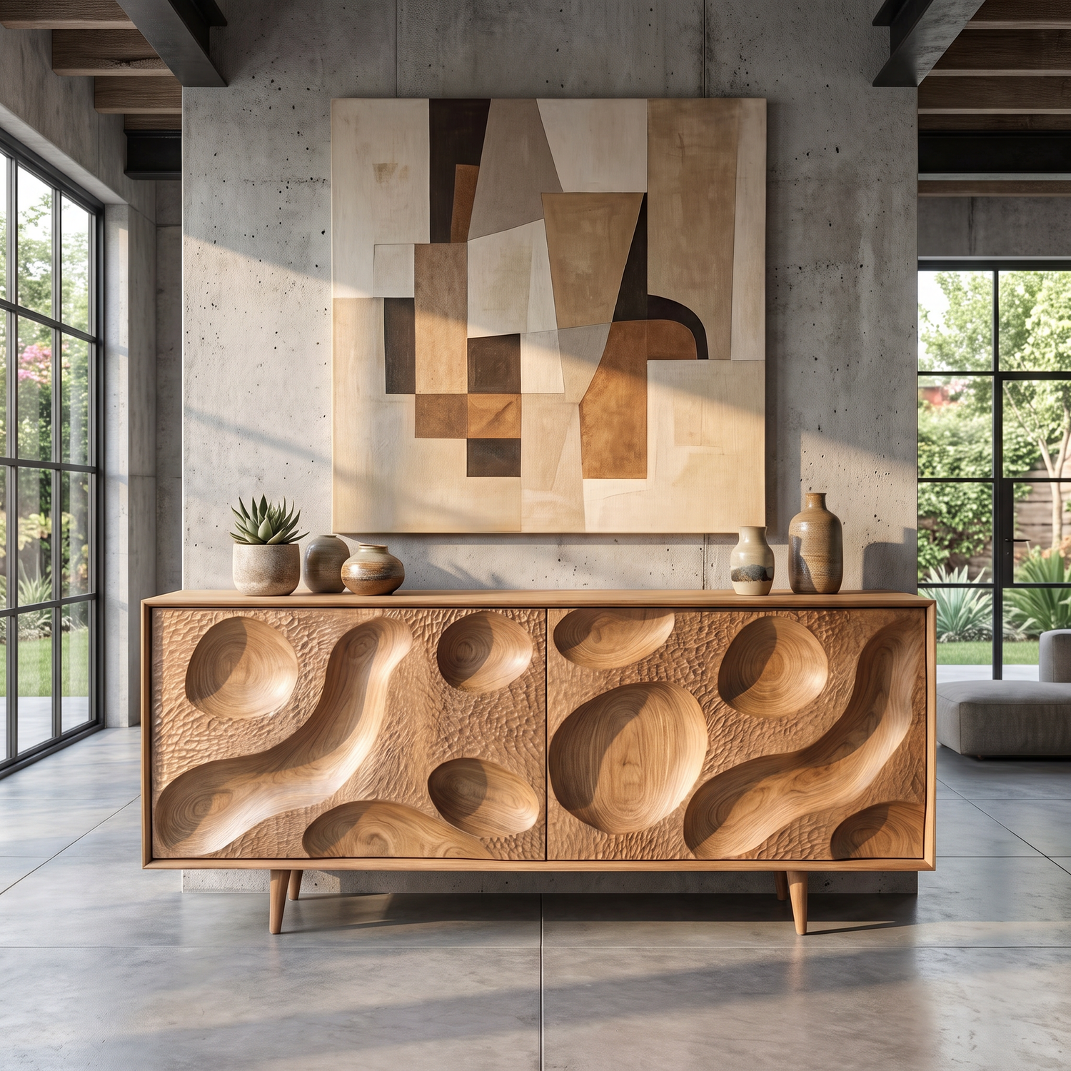 Solid Wood Sideboard with Hand Carved Crater Front