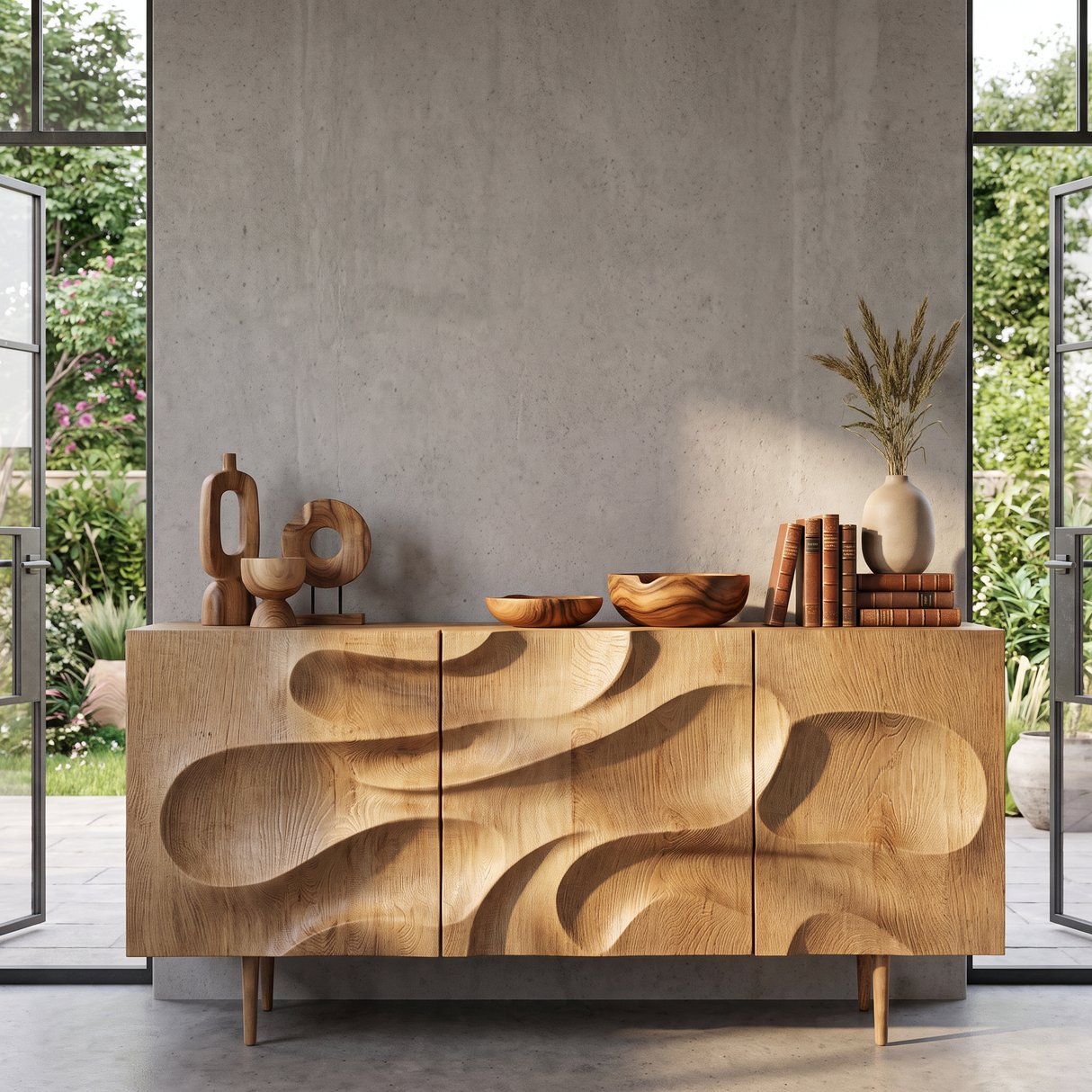 Solid Wood Sideboard Cabinet with Carved Front for Living and Dining Room Storage