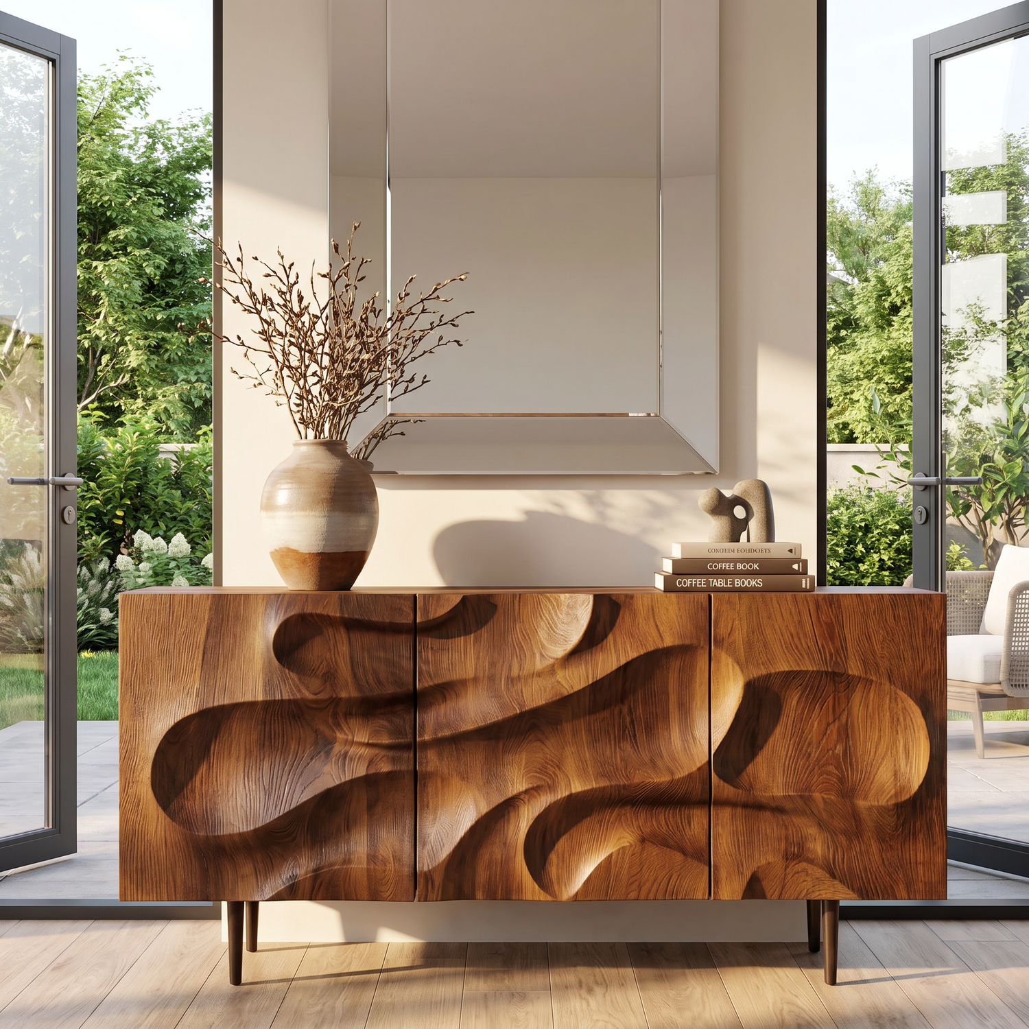 Solid Wood Sideboard Cabinet with Carved Front for Living and Dining Room Storage