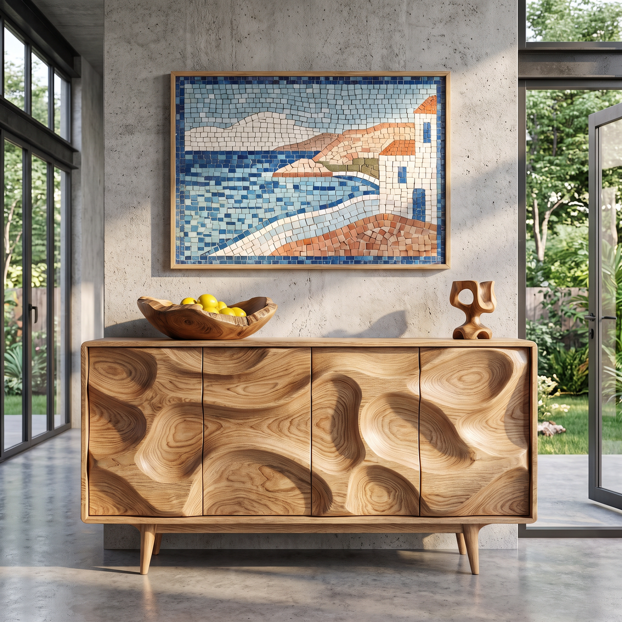 Solid Wood Sideboard Cabinet with Organic Carved Front