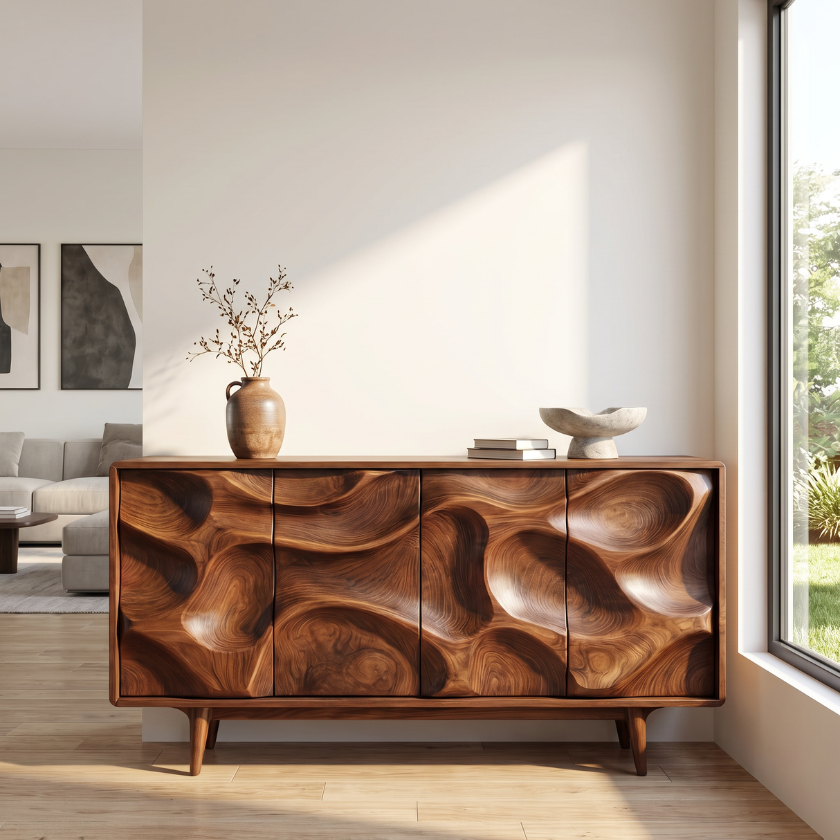 Solid Wood Sideboard Cabinet with Organic Carved Front