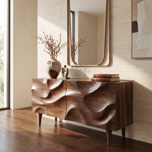Solid Wood Sideboard Cabinet with Sculpted Wave Front