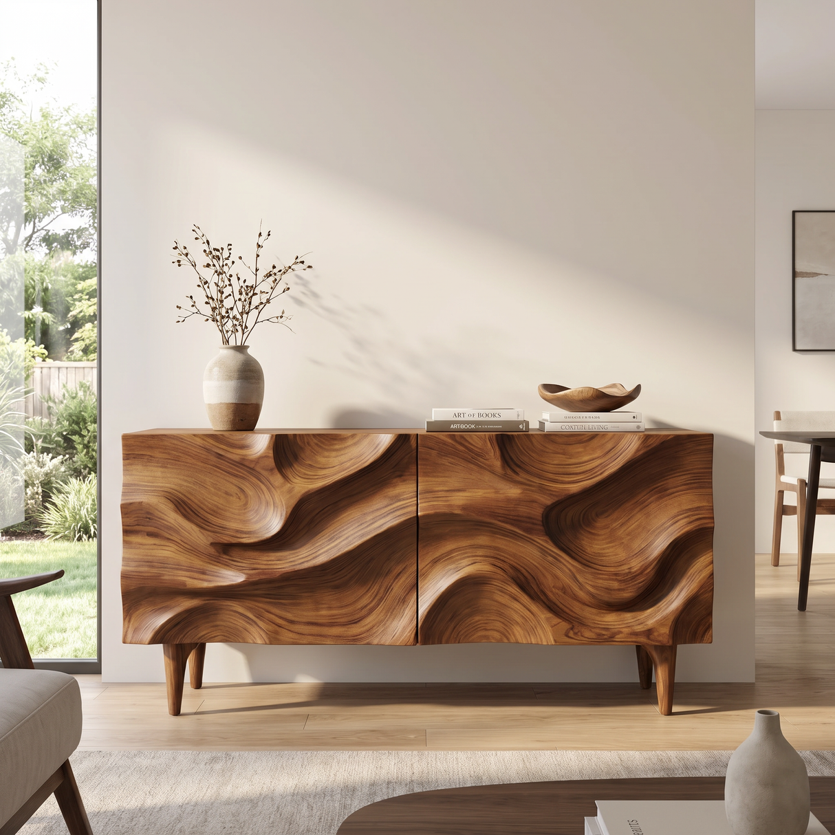 Solid Wood Sideboard Cabinet with Sculpted Wave Front