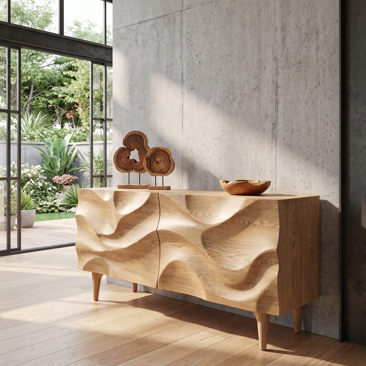 Solid Wood Sideboard Cabinet with Sculpted Wave Front