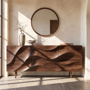 Solid Wood Sideboard Cabinet with Sculpted Wave Front for Living and Dining Room