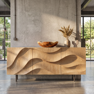 Solid Wood Sideboard Cabinet with Sculpted Wave Front for Living and Dining Room