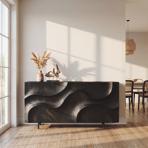 Solid Wood Sideboard with Sculpted Wavefront for Living and Dining Room