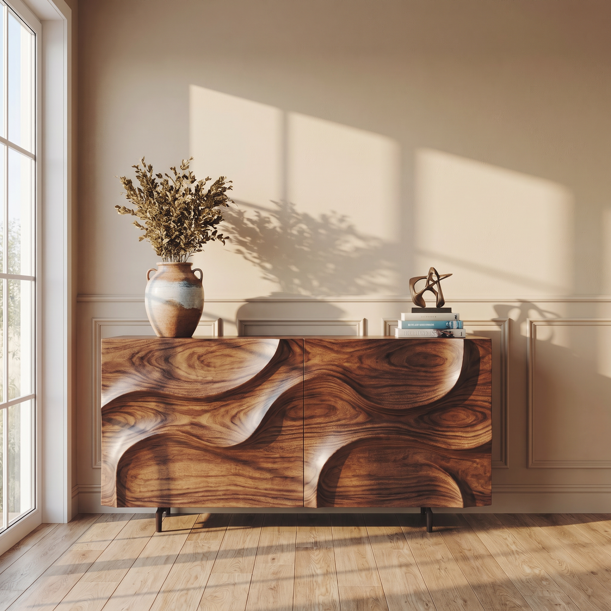 Solid Wood Sideboard with Sculpted Wavefront for Living and Dining Room