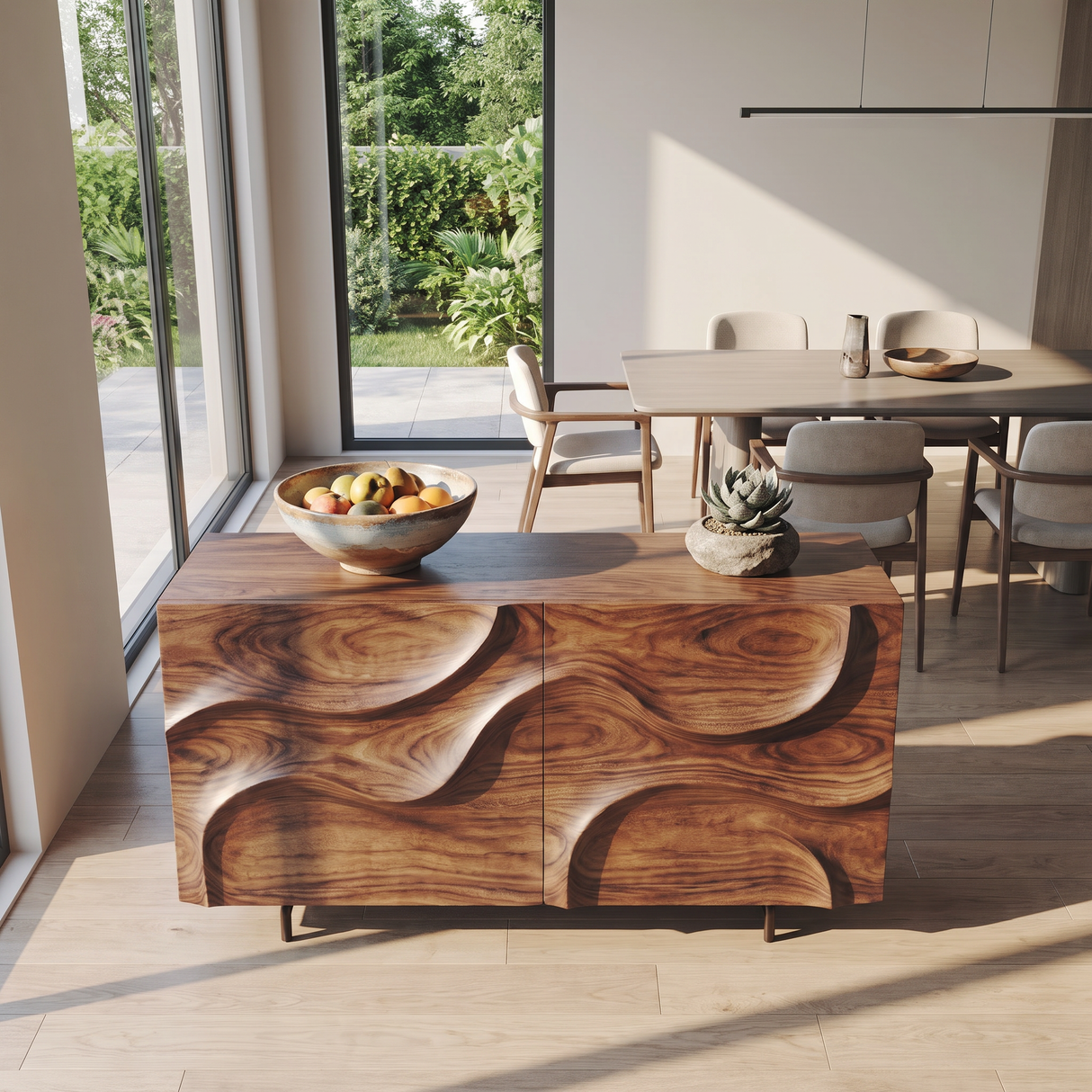 Solid Wood Sideboard with Sculpted Wavefront for Living and Dining Room