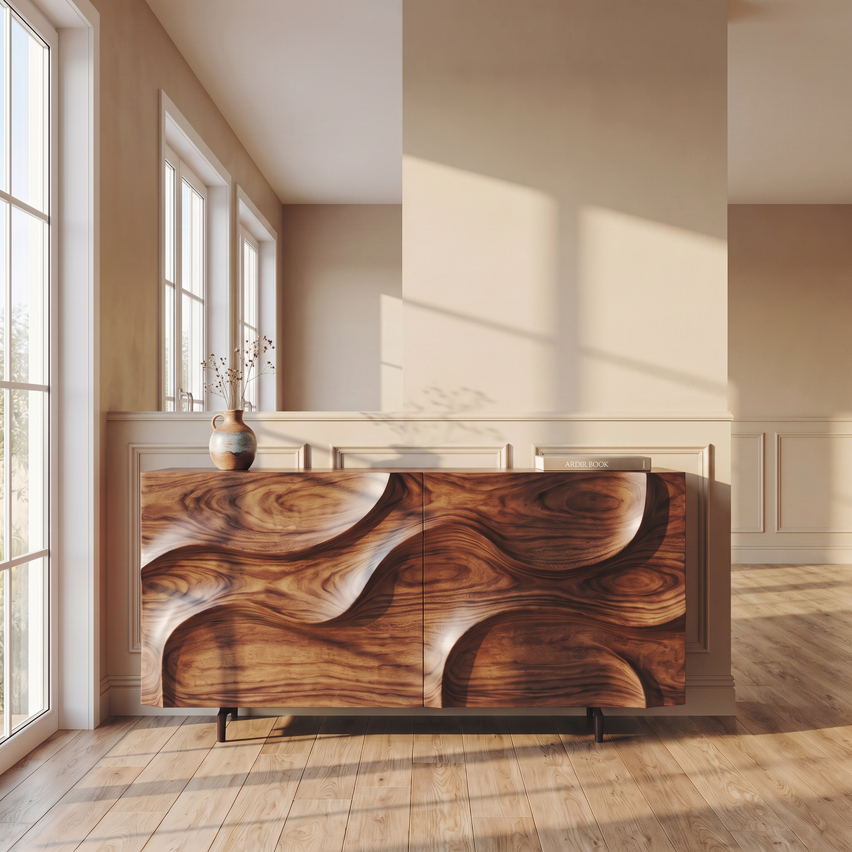 Solid Wood Sideboard with Sculpted Wavefront for Living and Dining Room