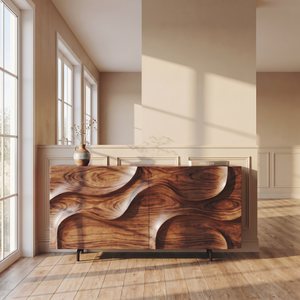 Solid Wood Sideboard with Sculpted Wavefront for Living and Dining Room