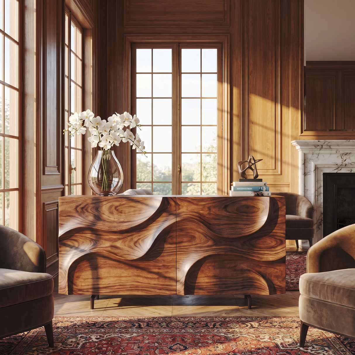 Solid Wood Sideboard with Sculpted Wavefront for Living and Dining Room